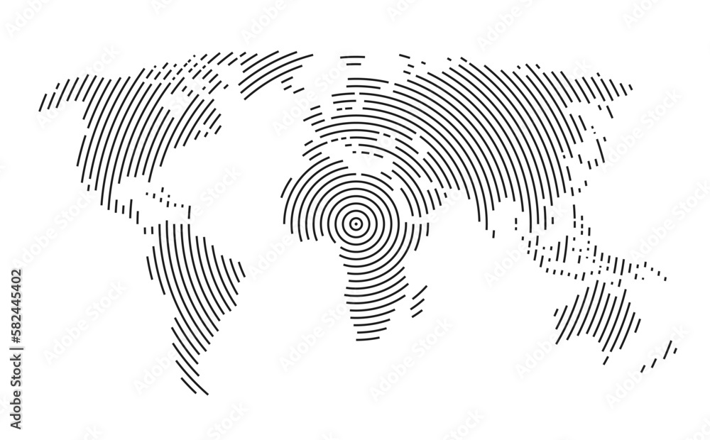 World map modern stylized design. Abstract world map, lines, global radial halftone concept. Global communication, broadcasting or epicenter theme. Pattern of black concentric circle stripes. Vector World map modern stylized design. Abstract world map, lines, global radial halftone concept. Global communication, broadcasting or epicenter theme. Pattern of black concentric circle stripes. Vector