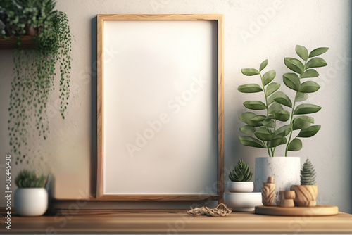 Blank wood vertical frame mockup, room with a picture frame and flowers, a wall interior background  photo