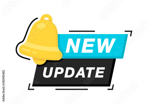 New update with bell. Modern label with bell. System software upgrade web banner element. New update available notification. Reminder for new update for software, web and app. Vector