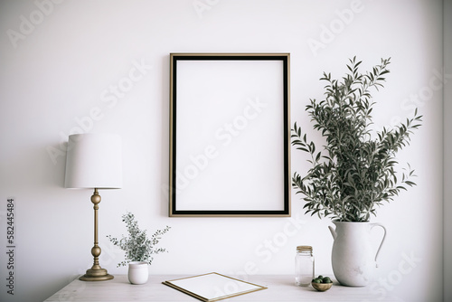 Blank wood vertical frame mockup, room with a picture frame and flowers, a wall interior background  photo