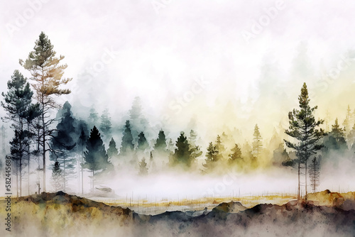 Digital watercolor painting Panorama of Pine forests on foggy Autumn Morning