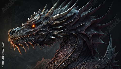 Closeup of Black Dragon - Mythology Creature from Dark Fantasy Art Illustration, Generative AI