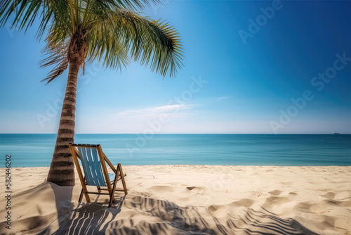 Tropical Getaway. Beach chair placed on a pristine tropical beach. Generative Ai