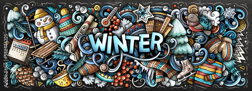 Winter cartoon doodle banner. Funny seasonal design. Creative art vector background. Handwritten text with cold season elements and objects. Colorful composition © balabolka