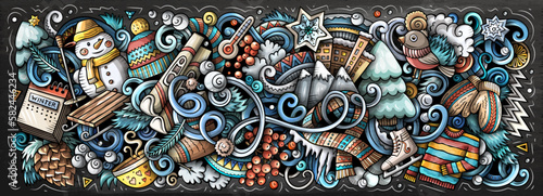 Winter cartoon doodle banner. Funny seasonal design. Creative art vector background. Colorful illustration with cold season elements and objects.