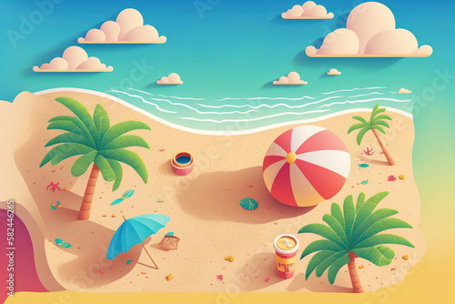 Summer Fun on the Beach  Top View Illustration. Generative Ai