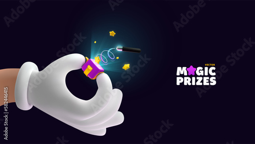 3d cartoon magician holding explosion mystery gift box with wand and magic stars on dark background. Circus illusionist vector illustration. Winning gifts lottery.