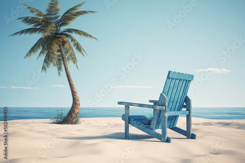 Tropical Getaway. Beach chair placed on a pristine tropical beach. Generative Ai © zzzz17