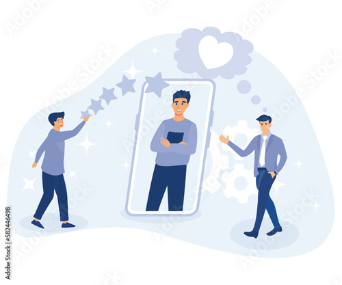Reputation management concept, brand awareness, online meeting, digital marketing campaign, flat vector modern illustration