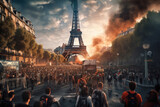 Strike in Paris: Protesters gather near the Triumph Arc, Eiffel tower. Generative Ai