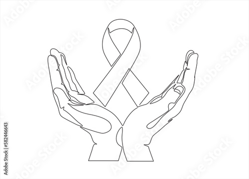 Continuous one line drawing hands holding ribbon and giving support to fight against cancer. World cancer day concept. Single line draw design vector graphic illustration.