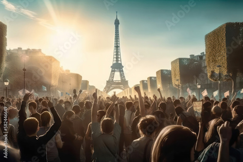 Strike in Paris: Protesters gather near the Triumph Arc, Eiffel tower. Generative Ai