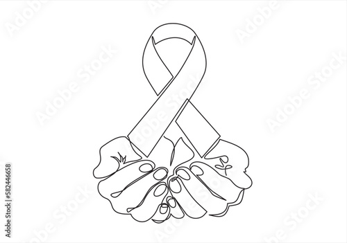 Continuous one line drawing hands holding ribbon and giving support to fight against cancer. World cancer day concept. Single line draw design vector graphic illustration.