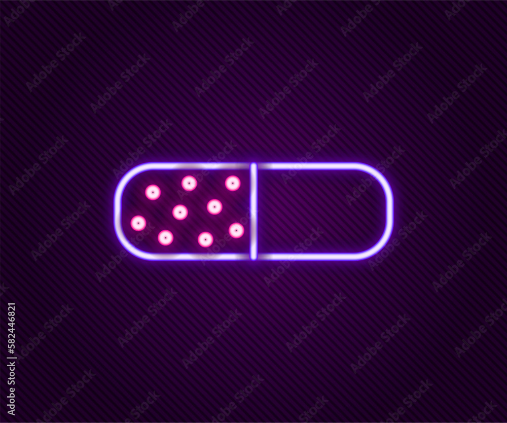 Glowing neon line Vitamin complex of pill capsule icon isolated on black background. Healthy lifestyle. Colorful outline concept. Vector Glowing neon line Vitamin complex of pill capsule icon isolated on black background. Healthy lifestyle. Colorful outline concept. Vector
