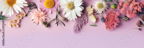 Dry herbs and flowers banner. Alternative medicine on pastel purple background. Illustration AI