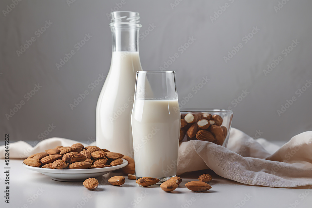 Almond milk on white kitchen background, generative AI tools Almond milk on white kitchen background, generative AI tools