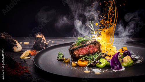 Food concept on a black background, delicious, luxurious meat meal in a plate. Medium roasted juicy meat. Dinner as in a restaurant, fine dining. Illustration, Generative AI.