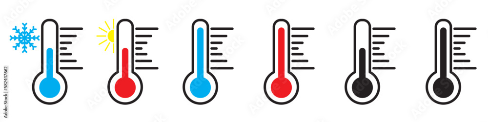 Thermometer with sun and snowflake icons set. Vector weather symbol set for charm, from, cold temperature. On a white background Thermometer with sun and snowflake icons set. Vector weather symbol set for charm, from, cold temperature. On a white background