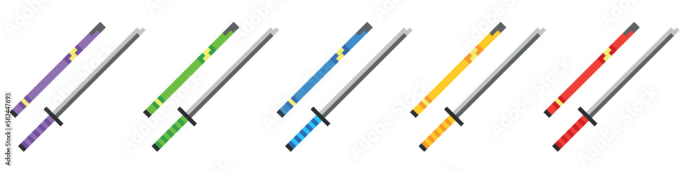 Pixel art 8-bit.Set of katanas of different colors.Dotted pop art illustration.Creative Vision Logotype concept.