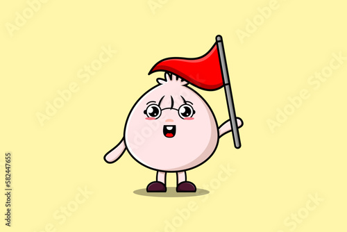 Cute cartoon Dim sum character holding triangle flag in 3d modern design illustration