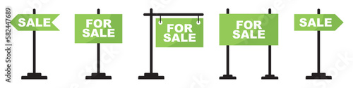 Set of tables for sale in green color on a white background. Vector illustration