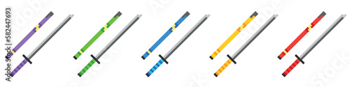 Pixel art 8-bit.Set of katanas of different colors.Dotted pop art illustration.Creative Vision Logotype concept.