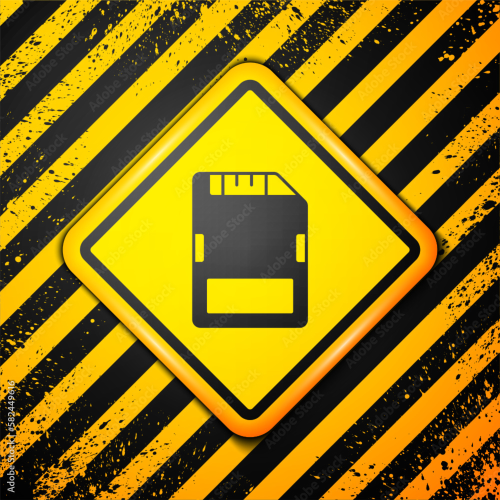 Black SD card icon isolated on yellow background. Memory card. Adapter icon. Warning sign. Vector Black SD card icon isolated on yellow background. Memory card. Adapter icon. Warning sign. Vector