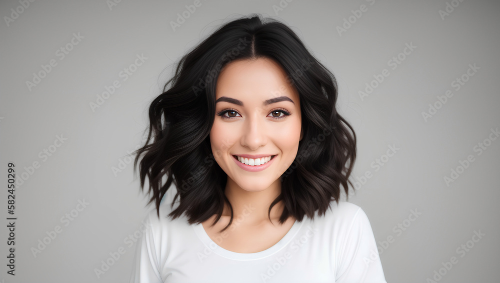 Natural woman with brown hair on isolated grey background. Studio shot. Template with copy space for product placement. Generative AI Natural woman with brown hair on isolated grey background. Studio shot. Template with copy space for product placement. Generative AI