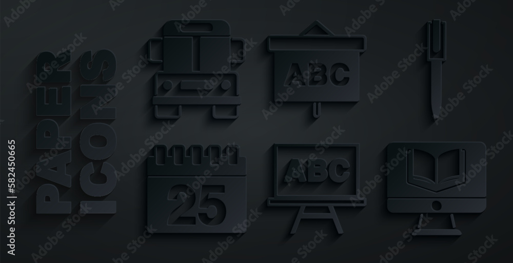 Set Chalkboard, Pen, Calendar, Online class, and School Bus icon. Vector