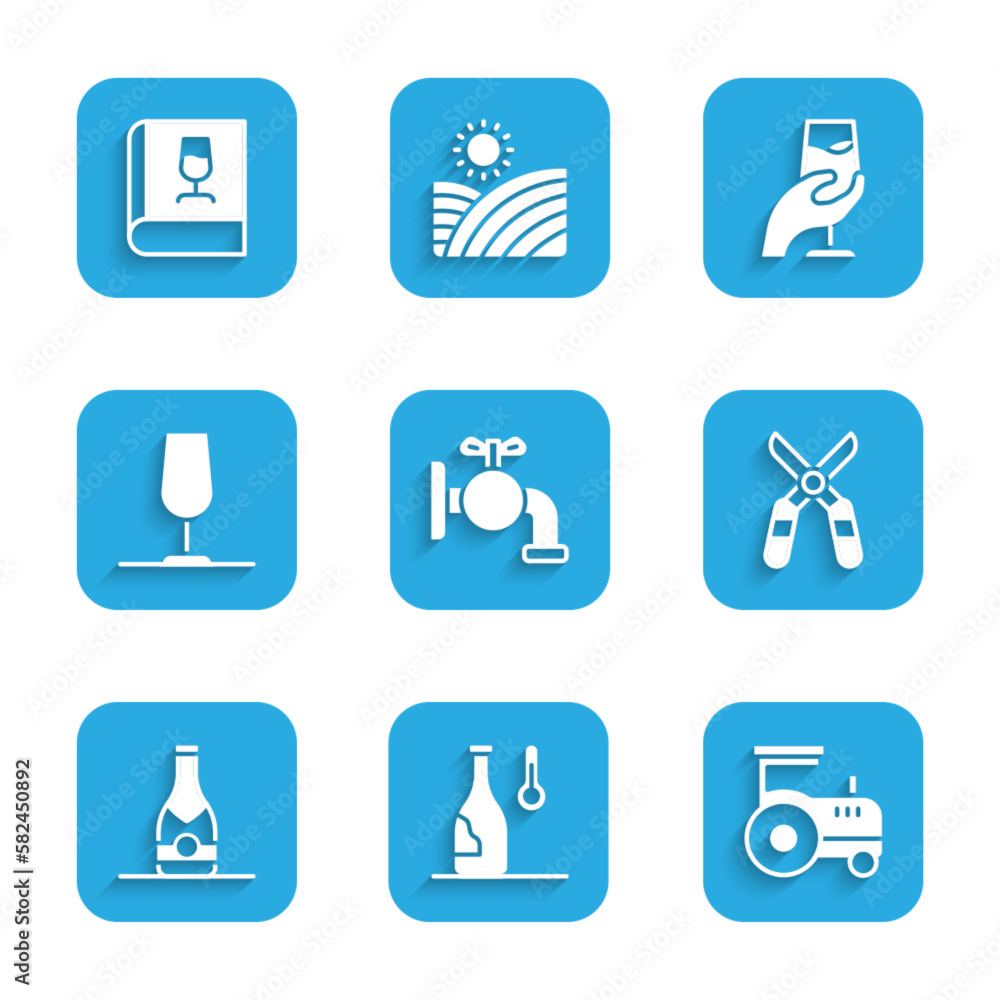 Set Tap for a barrel, Wine temperature, Tractor, Gardening scissors, Champagne bottle, glass, tasting, degustation and Book about wine icon. Vector Set Tap for a barrel, Wine temperature, Tractor, Gardening scissors, Champagne bottle, glass, tasting, degustation and Book about wine icon. Vector
