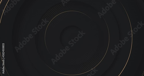 4k dark abstract luxury background with circles radio waves. Diagonal golden lines on black grey gradient. 3d round rings minimal BG. Premium minimal animated banner. Modern seamless looped animation