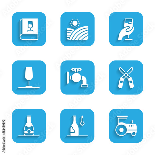Set Tap for a barrel, Wine temperature, Tractor, Gardening scissors, Champagne bottle, glass, tasting, degustation and Book about wine icon. Vector