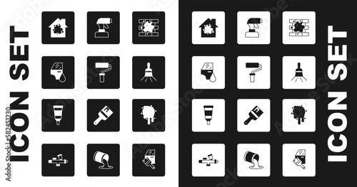 Set Painting the house, roller brush, Car painting, spray gun, and Tube with palette icon. Vector