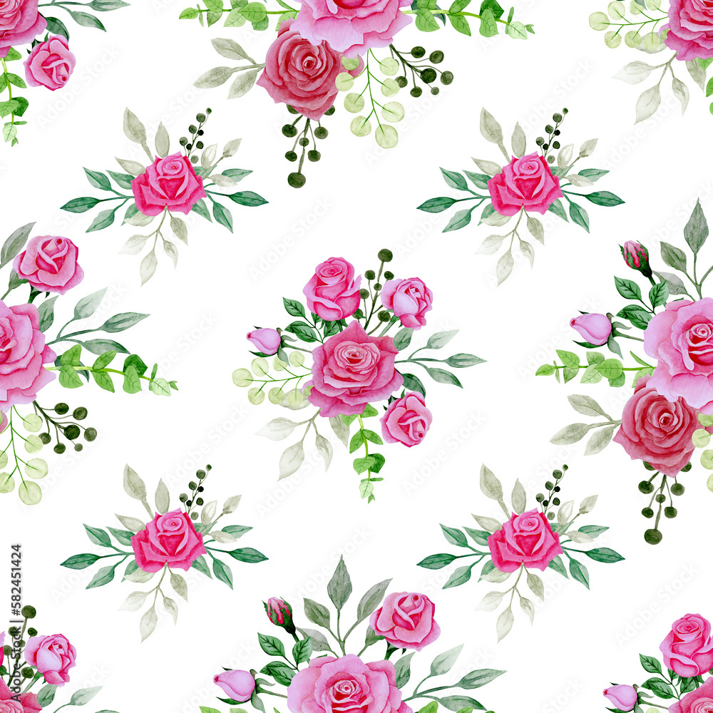 Seamless floral pattern-231. Bouquet of roses on a white background, hand drawn watercolour illustration.