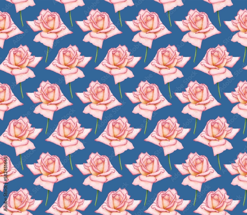BLUE SEAMLESS BACKGROUND WITH BLOOMING DIGITAL WATERCOLOR PINK ROSES BLUE SEAMLESS BACKGROUND WITH BLOOMING DIGITAL WATERCOLOR PINK ROSES