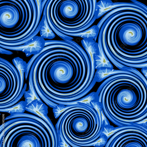 A blue and white pattern with spirals and stars on a black background.