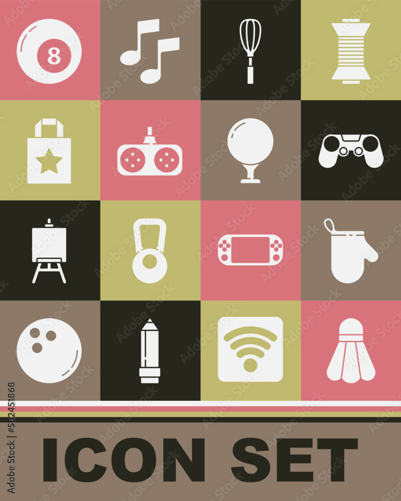 Set Badminton shuttlecock, Oven glove, Gamepad, Kitchen whisk, Paper shopping bag, Billiard pool snooker ball and Golf tee icon. Vector Set Badminton shuttlecock, Oven glove, Gamepad, Kitchen whisk, Paper shopping bag, Billiard pool snooker ball and Golf tee icon. Vector