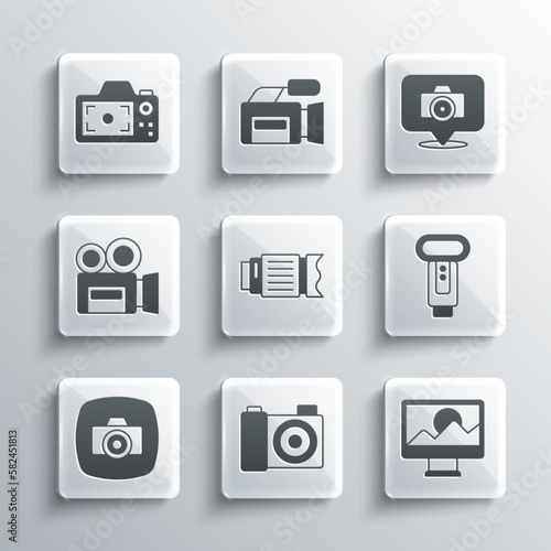 Set Photo camera, retouching, flash, Camera photo lens, Retro cinema, and icon. Vector