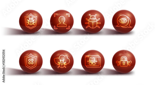 Set line System bug, Shield with cross mark, Eye scan, Browser incognito window, on cloud, Face recognition, Cyber security and icon. Vector