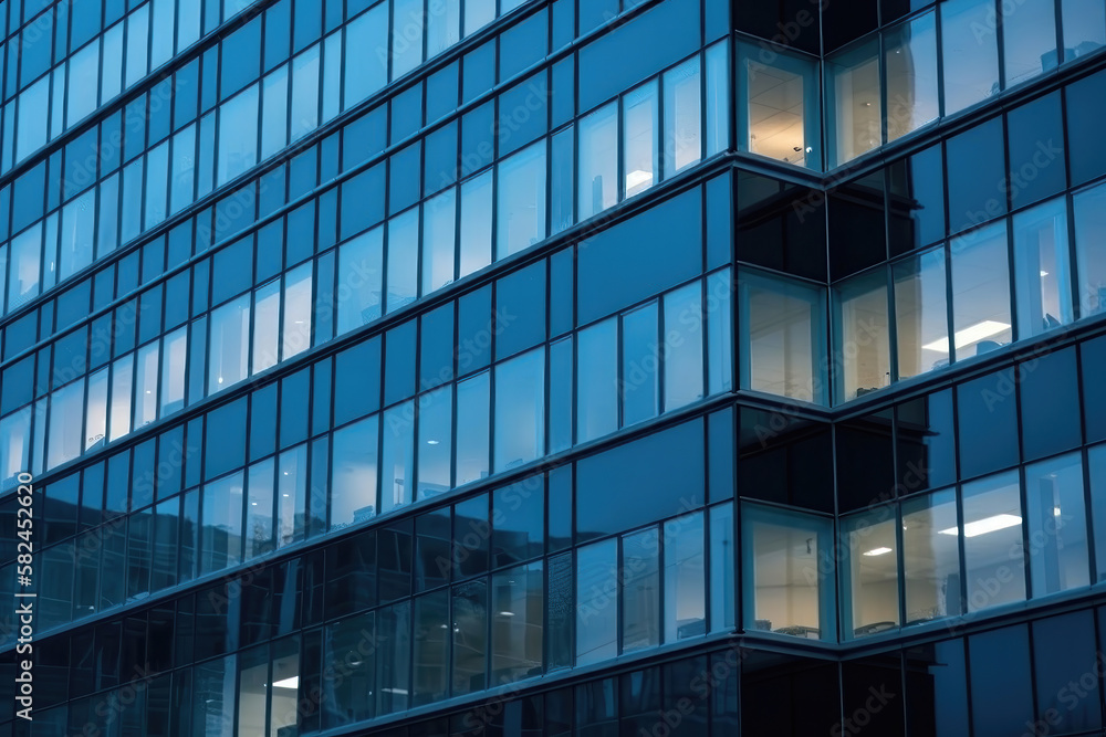 Blue Toned Office Building Windows with Artificial Lamplight. Generative Ai Blue Toned Office Building Windows with Artificial Lamplight. Generative Ai