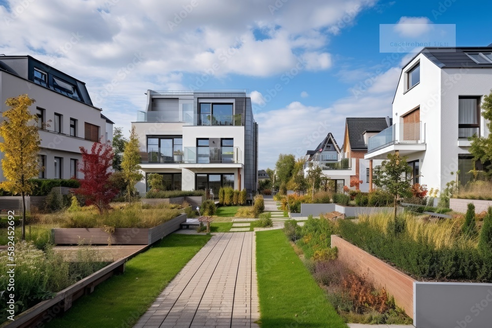Fototapeta premium Nachbarschaft mit Wohnhäusern in Dorf, Kleinstadt oder Vorstadt im Frühling mit viel Grün, Blumen und Bäumen - KI generiert