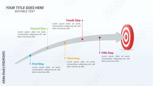Five Steps to Achieving Goals Infographic Presentation Template with on a 16:9 Ratio with a 3D Isometric Bullseye or Target Board and Arrows for Business Goals, Business Reports, and Website Design.