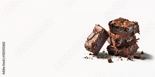 Delicious chocolate brownies cake slice isolated on white background with copy space. Created with Generative AI Technology