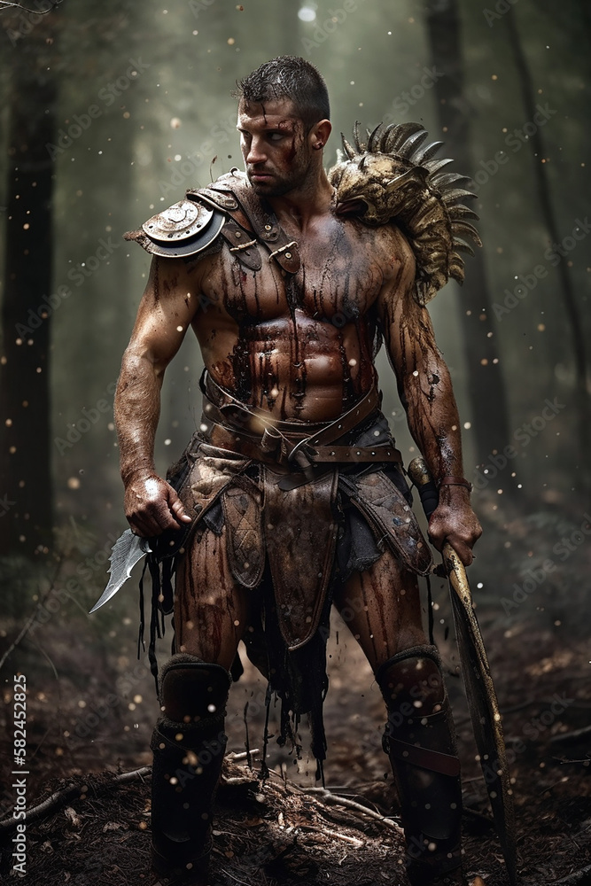 Portrait of an ancient barbarian warrior with muscles stained with mud and blood. Fantasy wallpaper, cover design and poster created with Generative AI Portrait of an ancient barbarian warrior with muscles stained with mud and blood. Fantasy wallpaper, cover design and poster created with Generative AI