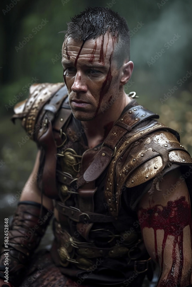Portrait of an ancient male warrior with roman armor stained with mud and blood. Fantasy wallpaper, cover design and poster created with Generative AI Portrait of an ancient male warrior with roman armor stained with mud and blood. Fantasy wallpaper, cover design and poster created with Generative AI