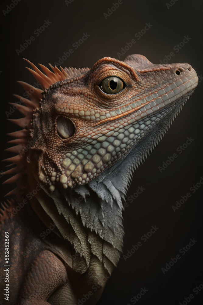Lizard portrait on dark background. AI Generative