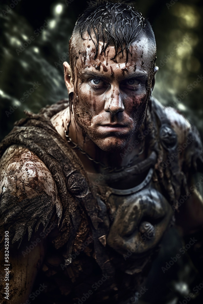 Portrait of an ancient male fantasy warrior with roman armor stained with mud and blood. Fantasy wallpaper, cover design and poster created with Generative AI Portrait of an ancient male fantasy warrior with roman armor stained with mud and blood. Fantasy wallpaper, cover design and poster created with Generative AI