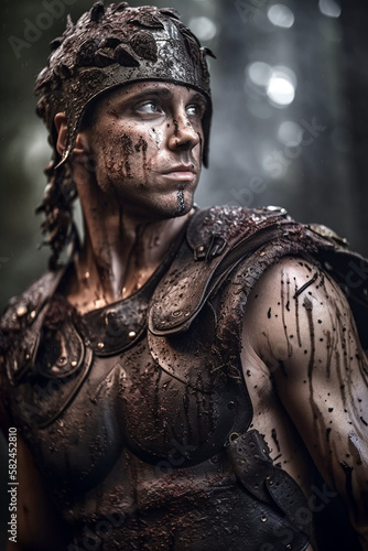 Portrait of an ancient male warrior with roman armor stained with mud and blood. Fantasy wallpaper, cover design and poster created with Generative AI