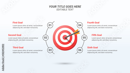 Company Goals Infographic Presentation Template with Six Options on a 16:9 Ratio with a 3D Isometric Bullseye or Target Board and Arrows for Business Goals, Business Reports, and Website Design.