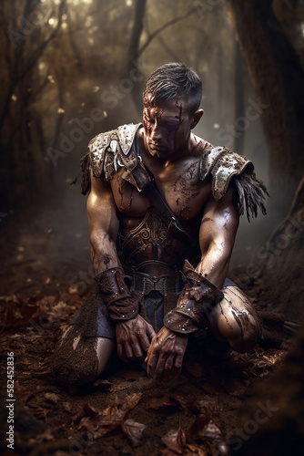 Portrait of an ancient barbarian warrior with small armor stained with mud and blood. Fantasy wallpaper, cover design and poster created with Generative AI